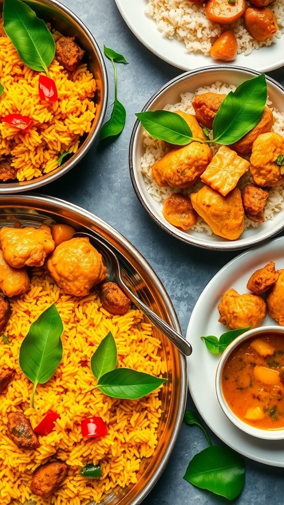 A colorful array of curry leaf dishes including rice, chicken, and chutney, garnished with fresh curry leaves.
